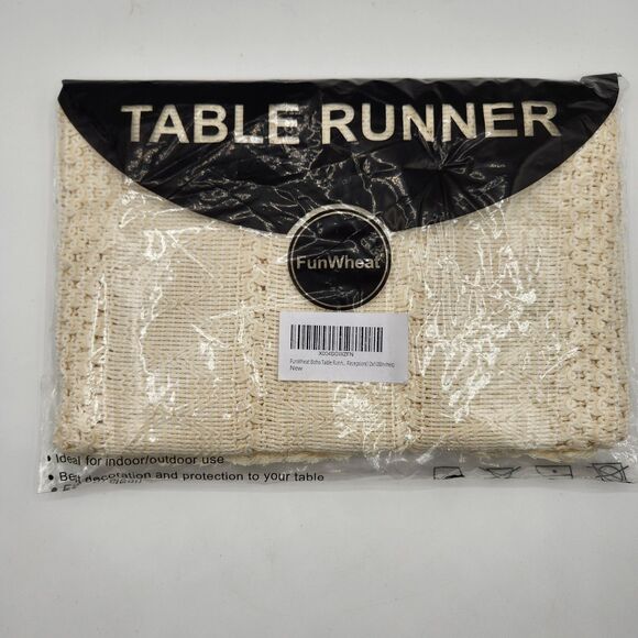 FunWheat Table Runner Beige Cream Woven Fringe 12"x108" Farmhouse Boho Dining - Picture 1 of 7